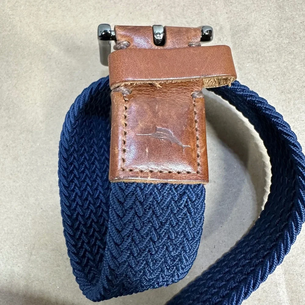 Tommy Bahama Braided Belt Mens L/XL Navy Blue Woven Leather Trim Stretch Casual